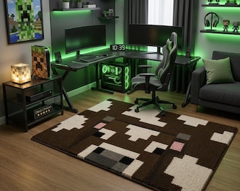 Pixel Cow Gaming Rug, Cute Brown Pixelated Area Rug for Gamer Room Decor, Tufted Gaming Setup Mat, Custom Size Aesthetic Nursery Rug