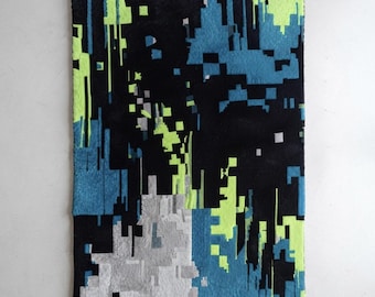 Modern Glitch Pixel Hand Tufted Wool Rug | Abstract Cyberpunk Area Rug | Blue Black Neon Green Contemporary Carpet | Handmade Luxury Rug |