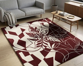 Modern Abstract Botanical Hand Tufted Wool Rug, Geometric Floral Area Rug, Contemporary Brown & Ivory Carpet, Luxury Handmade.