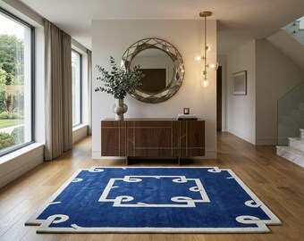 Hand Tufted Wool Rug, Modern Blue Area Rug, Contemporary Geometric Rug, Luxury Handmade Wool Carpet, Abstract Border Rug.