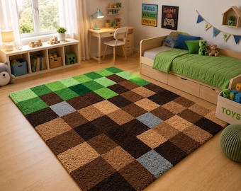 Pixel Grass Block Tufted Rug, Green and Brown Gaming Area Carpet, 3D Block Pattern Kids Room Decor, Custom Handcrafted Rug for Game Room