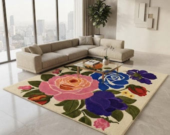 Modern Rose Garden Rug, Colorful Floral Art Carpet for Bedroom, Premium Quality Wool Blend Rug, Custom Handmade Floor Decor botanical carpet