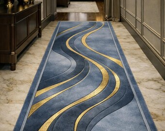 Abstract Wave Area Rug -Modern Blue and Gold Luxury Carpet, 3DTextured Contemporary Rug for Living Room,Bedroom, Hallway Runner, Custom Size