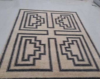 Hand-Knotted Wool Rug - Modern Geometric Art Deco, Cream & Charcoal