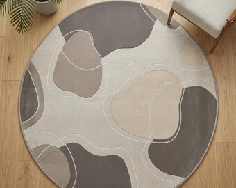 Modern Abstract Round Area Rug, Neutral Tone Contemporary Carpet, Minimalist Organic Shape Floor Mat, Custom Size Living Room Decor