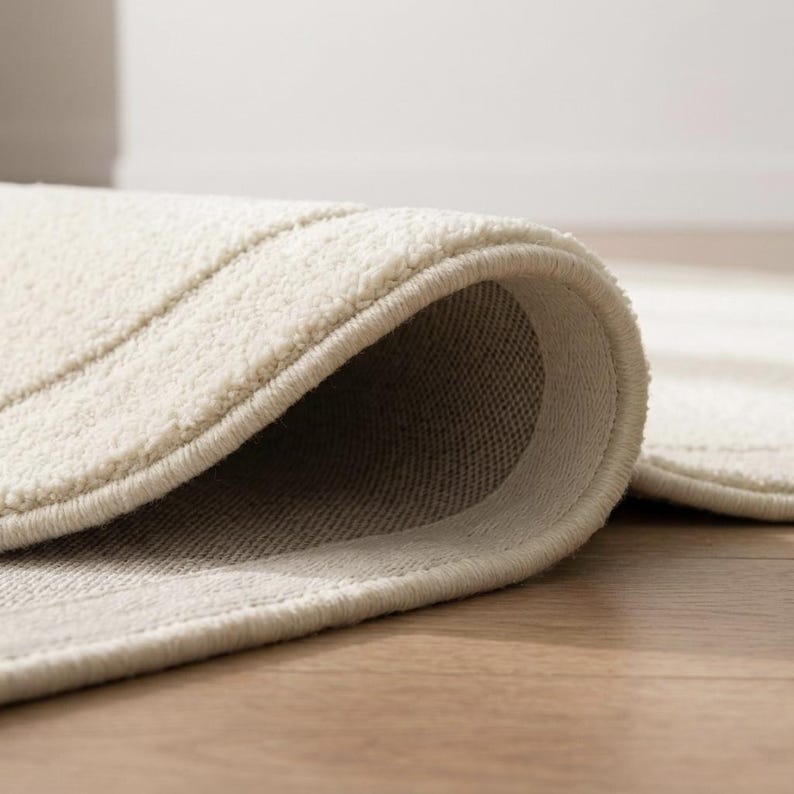 May include: A cream-colored area rug with a soft, textured pile surface and a folded corner revealing a woven backing. The rug features a subtle linear pattern embossed into the fabric, with finished edges and a consistent light neutral tone.