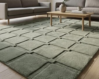 Sage Green 3D Geometric Hand Tufted Wool Rug, Modern Raised Grid Textured Area Rug for Living Room, Custom Size Soft Minimalist Carpet