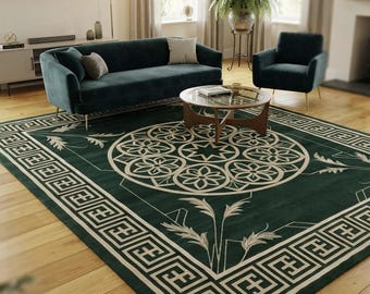 Hand-Tufted Forest Green Geometric Area Rug - Luxury Traditional Medallion Carpet for Office and Living Room - Custom Size Handmade Rug