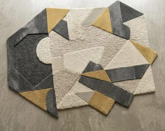 Abstract Geometric Hand Tufted Wool Rug, Modern Irregular Shape Area Rug, Luxury Contemporary Beige Grey Mustard Carpet.