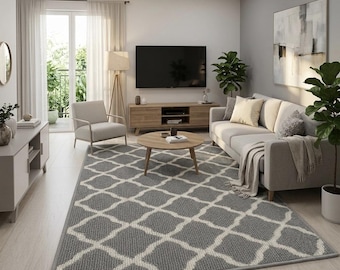 Modern Geometric Trellis Wool Area Rug - Gray and Cream Moroccan Lattice Carpet for Living Room, Bedroom - Custom Size Hand-Tufted Pile Rug