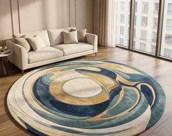 Modern Round Area Rug, Abstract Swirl Hand Tufted Wool Carpet, Luxury Ocean Blue & Gold Circle Rug for Bedroom, Mid Century Large Rug