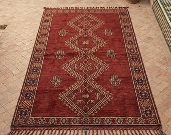 Hand Knotted Moroccan Rug - Crimson Red Berber Wool Carpet, Vintage Geometric Tribal Rug, Luxury Hamsa Area Rug for Bedroom & Living Room