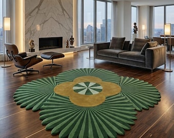 Hand-Tufted Botanical Statement Rug, Green and Mustard Geometric Area Carpet, Modern Luxury Bedroom Decor, Custom Size Artisan Floor Art