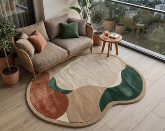 Abstract Organic Shaped Wool Rug rregular Wavy Tufted Carpet - Terracotta, Forest Green & Beige Earth Tone Area . Mid Century Modern  rug.
