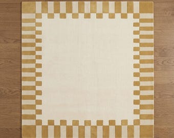Hand Tufted Wool Rug, Ivory & Mustard Border Rug, Modern Minimalist Area Rug, Luxury Handmade Wool Carpet, Contemporary Living Room Rug.