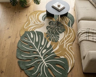 Large Monstera Leaf Rug, Hand Tufted Wool Area Rug, Botanical Green Beige Carpet, Organic Shaped Living Room Rug.