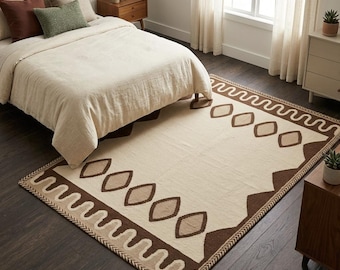Modern Brown Ivory Hand Tufted Wool Rug | Scandinavian Geometric Area Rug | Custom Handmade Carpet