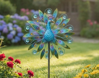 Double Peacock Metal Wind Spinner, Kinetic Garden Yard Art Decor