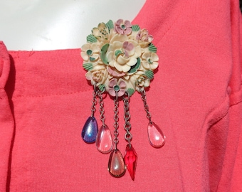 Large Painted Celluloid Floral Brooch with Colorful Glass Dangles Wonderfully Detailed with Bright Original Paint