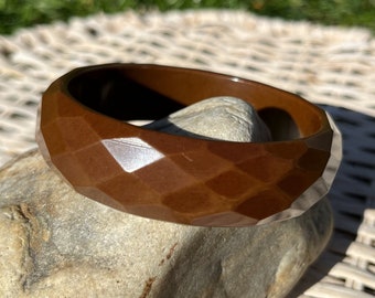 Chocolate Facet Carved Bakelite Bracelet Simichrome Tested Glossy Brown Faceted Catalin Bangle