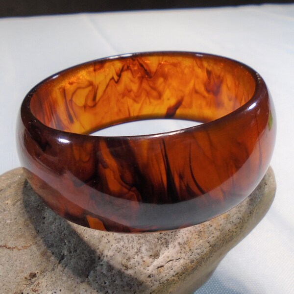 Ice Tea Marble Wide Bakelite Bracelet Simichrome Tested Gaudy Marbled Translucent Ice Tea Catalin Bangle