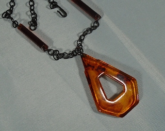 Geometric Marbled Ice Tea Bakelite Necklace Simichrome Tested Faux Tortoiseshell Catalin Pendent Necklace on Black Chain