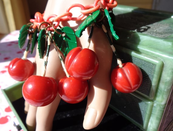 Bakelite Bracelet Carved Red Cherries on Celluloid