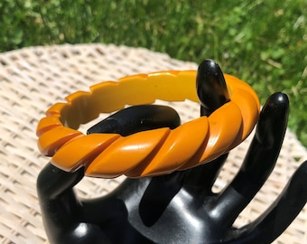 Yellow Overdyed Rope Carved Bakelite Bracelet Simichrome Tested
