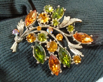 Weiss Rhinestone Brooch in Tangerine and Green Sparkling Mid Century Rhinestone Designer Pin in Silver Metal Setting