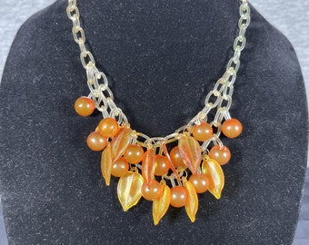 Apple Juice Bakelite Ball Bead Necklace with Celluloid Leaves on Cellluloid Chain