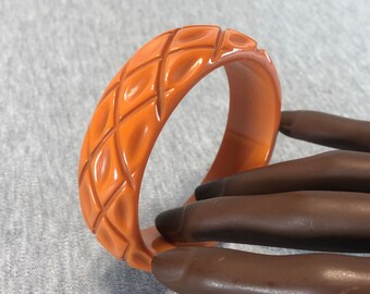 Soft Orange Carved Bakelite Bracelet Simchrome Tested Glossy Carved Catalin Bangle in Orangy-Coral