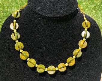 Unique Green Marbled Bakelite Necklace Simichrome Tested Unusual Catalin and Wood Bead Necklace with Celluloid Chain
