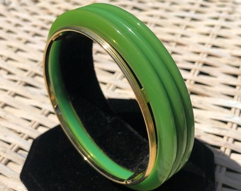 Set of Three Spring Green Bakelite Bracelets In Unique Metal Setting Simichrome Tested