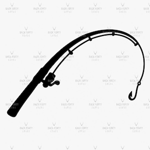 May include: A black silhouette of a fishing rod, curved and ready for use. The rod features a reel, guides, and a hook at the end of the line. The words "BACK FORTY GOODS" are repeated in the background.