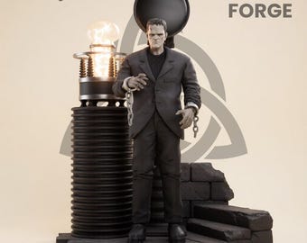 May include: A grayscale figurine of Frankenstein's monster, chained and posed, stands before a stylized lamp and a decorative backdrop. The words "TWILIGHT FORGE" are displayed. The text "Forged in Shadow. Born for Legends." is also visible.