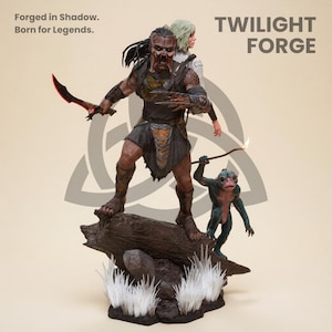 May include: A detailed statue featuring a Predator-like figure holding a red blade, standing on a log with a smaller creature holding a torch. The statue has the text "TWILIGHT FORGE" and "Forged in Shadow. Born for Legends."