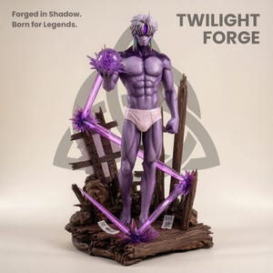 May include: A purple figurine of a muscular figure holding a spiky orb, with the text "TWILIGHT FORGE" and "Forged in Shadow. Born for Legends." The figure is standing on a wooden base with purple energy beams.