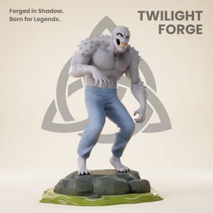 May include: A gray figurine of a muscular humanoid creature with spiky protrusions, wearing blue pants, and standing on a rock base. The text "TWILIGHT FORGE" is displayed. The words "Forged in Shadow. Born for Legends." are also visible.