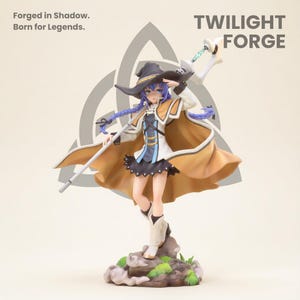 May include: A figurine of a female anime character in a witch-like outfit, holding a staff. The figure has blue hair, a black hat, and a tan cape. The text "Forged in Shadow. Born for Legends." and "TWILIGHT FORGE" are visible.