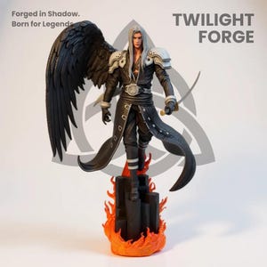 May include: A figurine of a character with long silver hair, black wings, and a black outfit, holding a sword. The figurine stands on a base of flames. Text on the image reads "Twilight Forge" and "Forged in Shadow. Born for Legends."