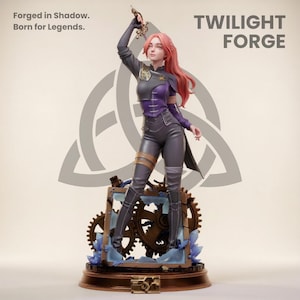 May include: A statue of a female figure in a dark outfit, holding a sword aloft. The figure has red hair and stands on a base with gears and blue crystals. The text "TWILIGHT FORGE" and "Forged in Shadow. Born for Legends." are visible.