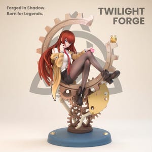 May include: A detailed figurine of a woman with long red hair, seated on a gear-shaped structure. She wears a white shirt, black shorts, and a tan coat. The base is blue, and the text "TWILIGHT FORGE" is visible.