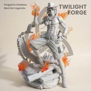 Peut inclure: Figurine grise d'un personnage masculin en short et chapeau, avec des flammes autour de lui. La figurine est posée sur un socle gris. Le texte "Forged in Shadow. Born for Legends." est visible.