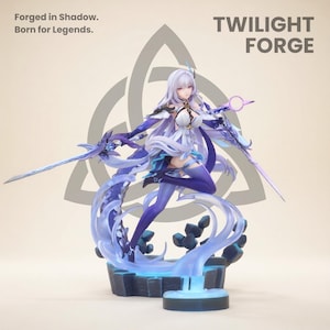 May include: A detailed figurine of a female character from the "Twilight Forge" series, wielding two swords. The figure is predominantly white and purple, with flowing hair and a dynamic pose. The base is a dark blue with a glowing effect. Text on the image reads "Forged in Shadow. Born for Legends."