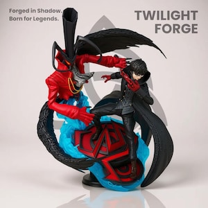 May include: A detailed figurine featuring a character in a black coat and red gloves, standing on a red and blue platform. A red figure with a mask and black wings is behind the character. The text "Forged in Shadow. Born for Legends." is visible.