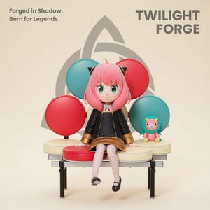 May include: A figurine of a character with pink hair, green eyes, and a black dress with gold trim, sitting on a bench. The background includes red and teal circles, a small plush toy, and the text "TWILIGHT FORGE."