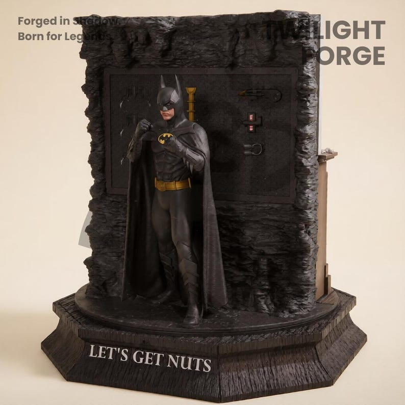 May include: A Batman figurine stands on a base with the text "LET'S GET NUTS". The figure is in a black suit with a yellow belt and bat symbol. The background features a textured wall with the words "THE LIGHT FORGE".
