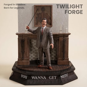 May include: A detailed figurine of a man in a gray suit, holding a whip, standing in front of a fireplace. The figurine has the text "TWILIGHT FORGE" and "YOU WANNA GET NUTS?" on the base. The background includes a painting and the text "Forged in Shadow. Born for Legends."