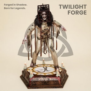 May include: A detailed figurine of a pale, long-haired figure wearing a metal cage headpiece and tattered beige clothing. The figure stands on a circular base with candles and symbols, labeled Twilight Forge and Forged in Shadow. Born for Legends.