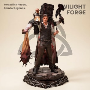 May include: A detailed statue featuring a man holding a lantern and a gun, with a figure in the background holding a bloody weapon. The statue is on a stone base with barbed wire. Text reads "Forged in Shadow. Born for Legends."